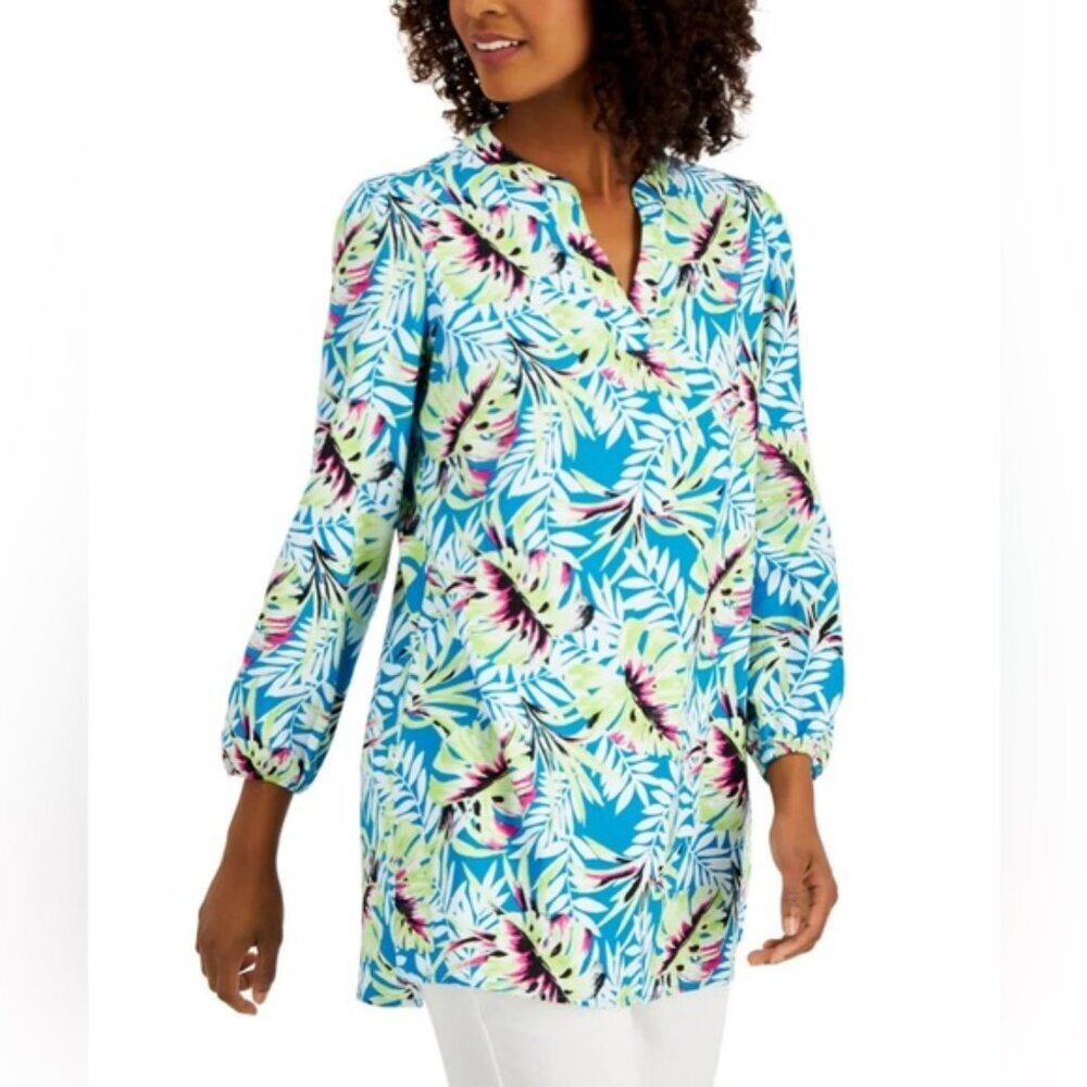NWT ANNE KLEIN LINEN BLEND Tropical Blue/Sprout Printed Split Neckline Tunic 2X